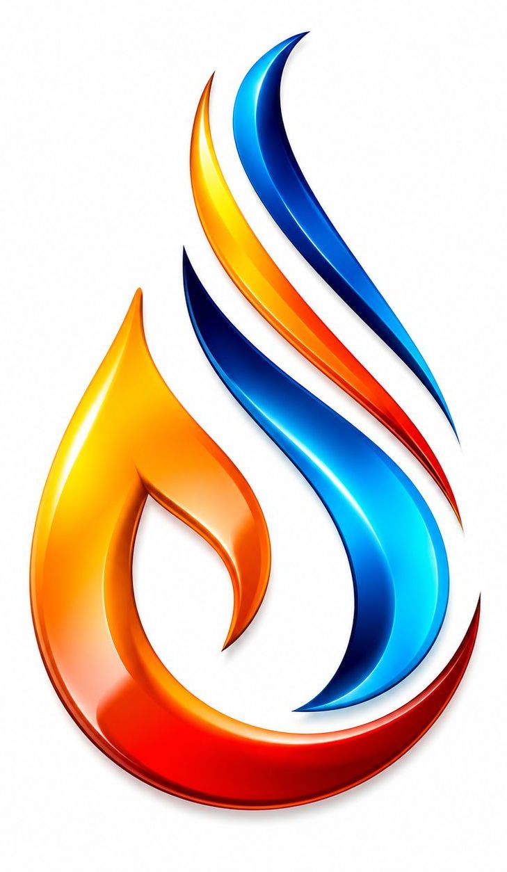 A stylised flame graphic in orange, blue, and white on a black background.
